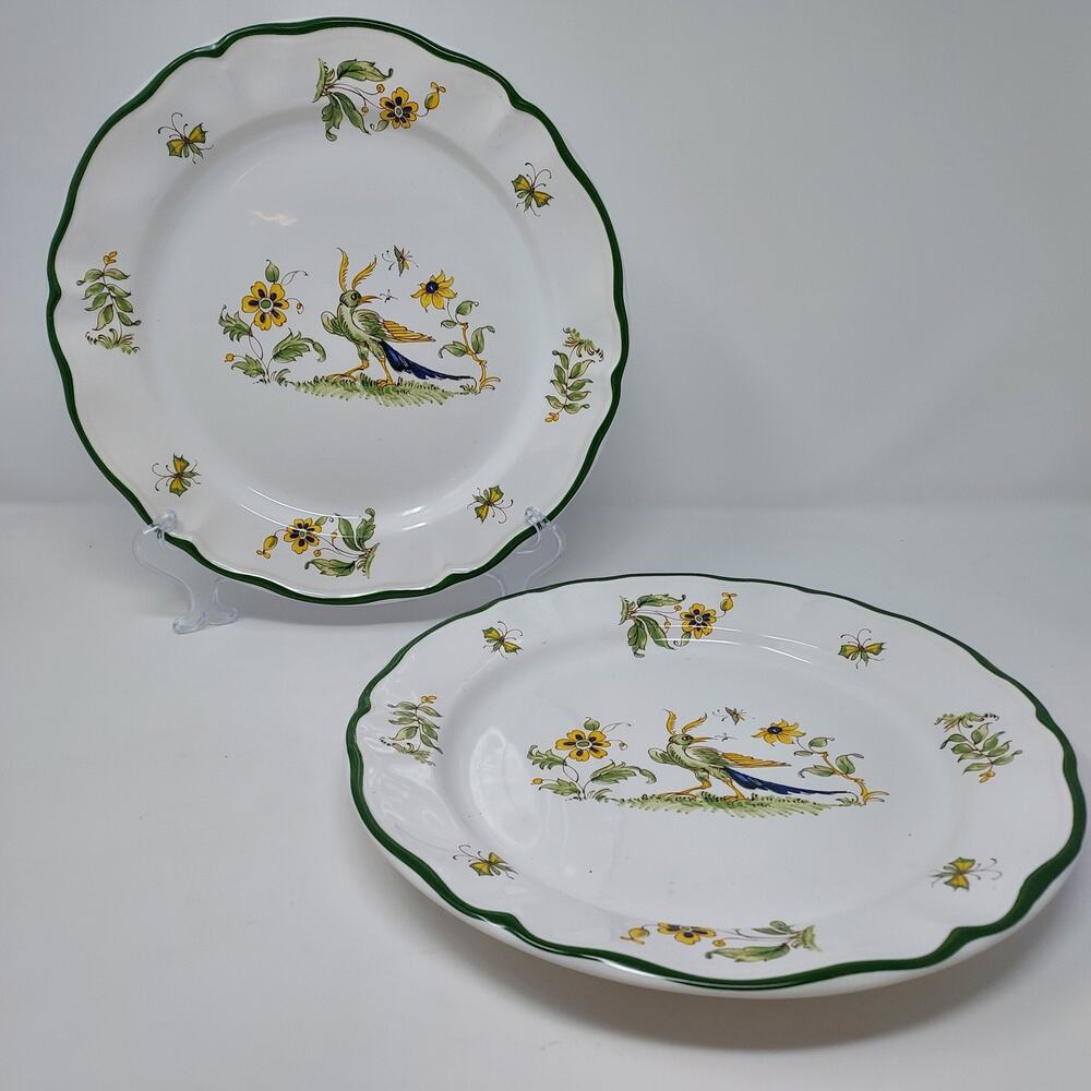 Varages France Bird Vieux Provence Green Set 2 Dinner Plates Vintage Faience VTG